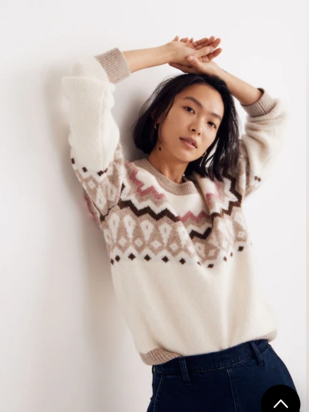 Madewell Fair Isle Knit Cropped Sweater Small Ivory Taupe Alpaca Wool Cozy Crewn